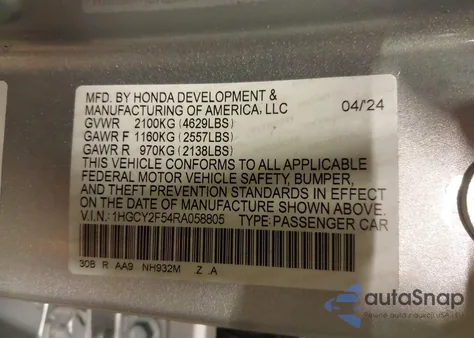 2024 Honda Accord Hybrid Sport from USA, damaged, VIN 1HGCY2F54RA058805